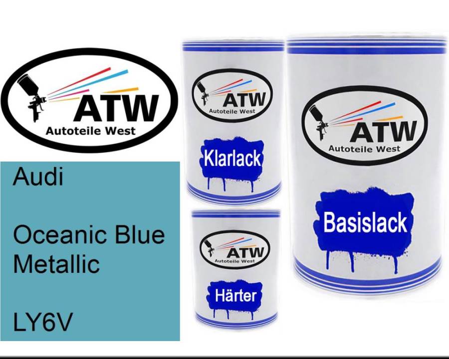 Audi, Oceanic Blue Metallic, LY6V: 500ml Lackdose + 500ml Klarlack + 250ml Härter - Set, von ATW Autoteile West.